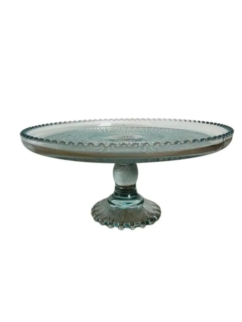 Blue Pressed Glass Pedestal Cake Stand Beaded Edge Retro Round Dessert Tray